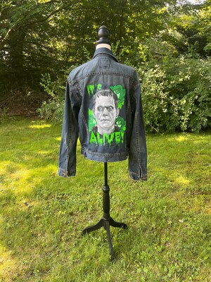 Hand Painted Frankenstein Moinster Denim Jean Jacket OOAK It's Alive! - image1
